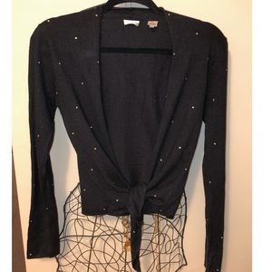 Aqua cropped center tie sweater with rhinestones